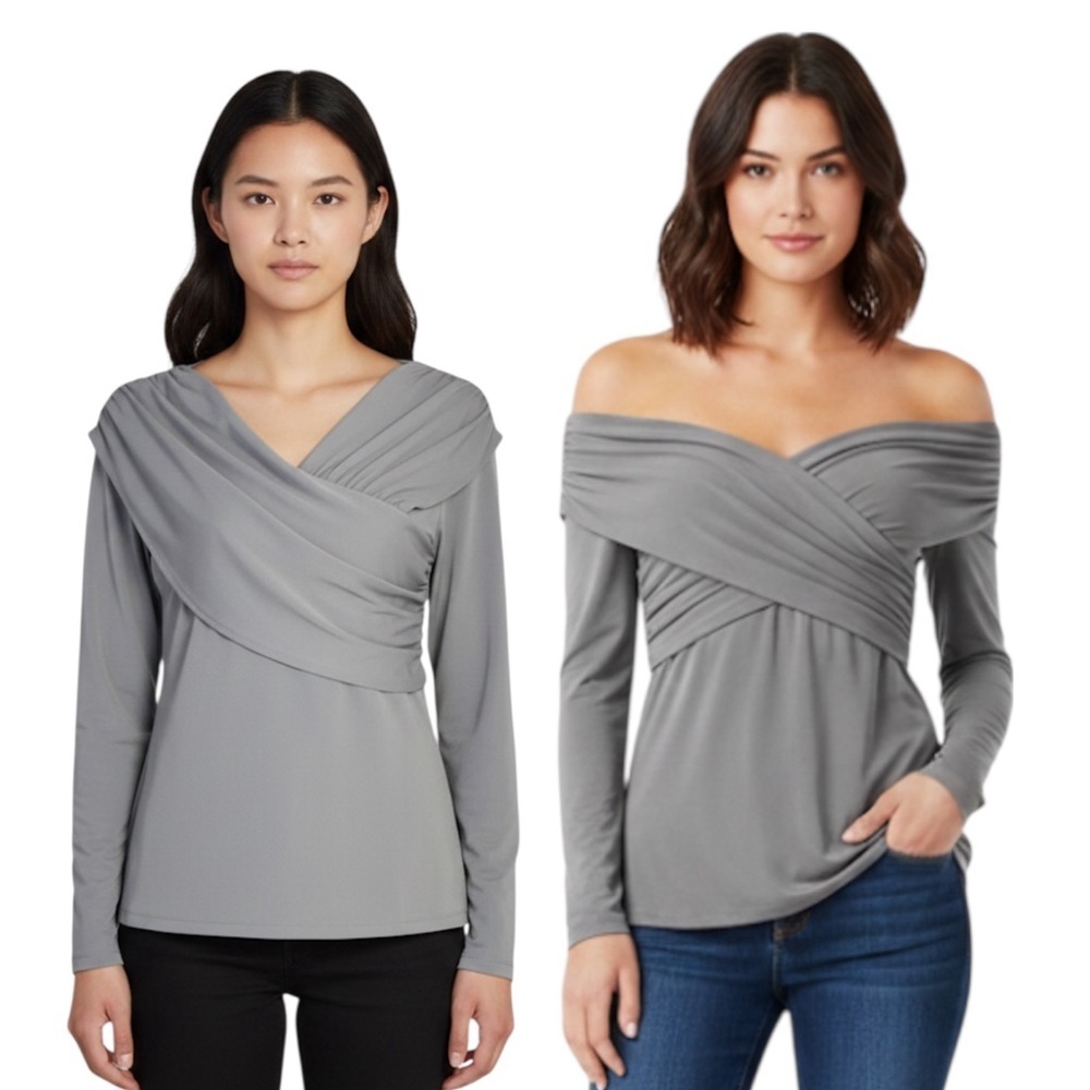 Ann Taylor Top Draped Cross Over Ruched Sleek Stretchy Gray Women's Medium - Picture 2 of 16